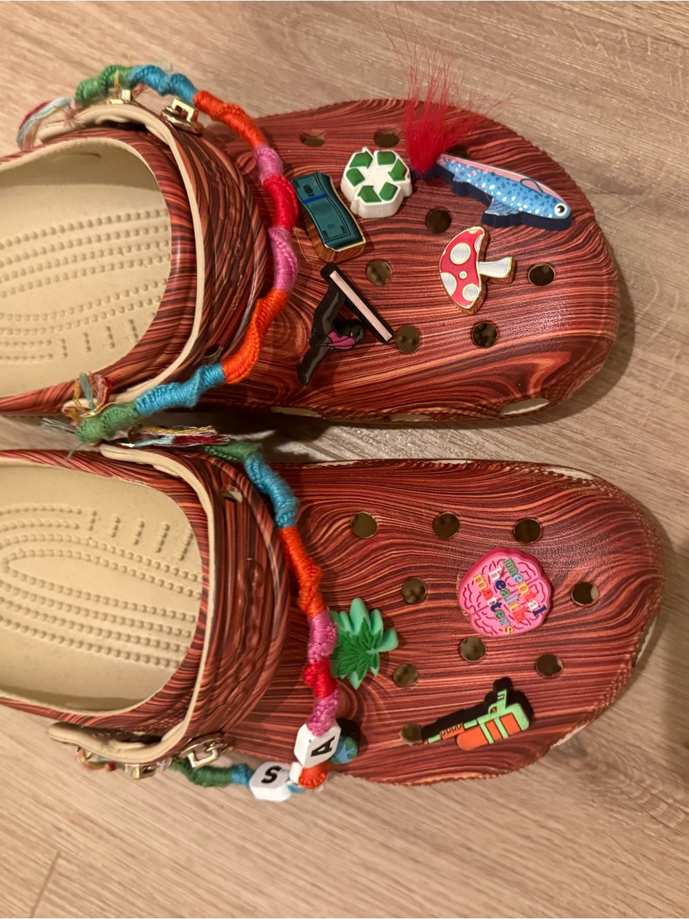Adult SZA crocs. Red Woodgrain with Charms